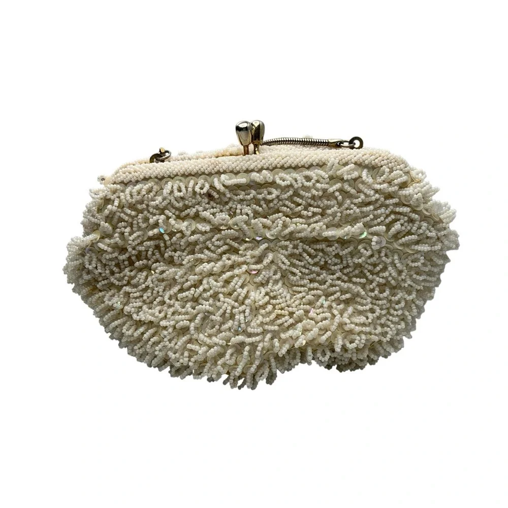 Vintage Beaded Evening Bag Ivory Sequin Gold Satin Interior Wedding Formal 1960s